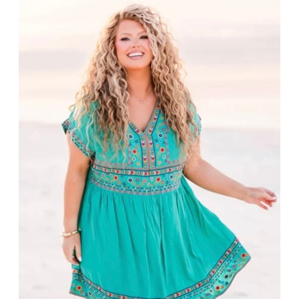 Savanna Jane Womens Plus 2X Teal Blue Embroidered Boho Lightweight Mini Dress